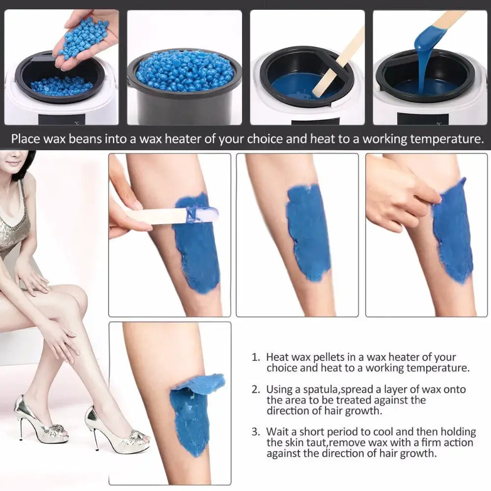 Simples Market 500ml wax heater with LCD temperature display, blue wax beads and leg waxing steps.