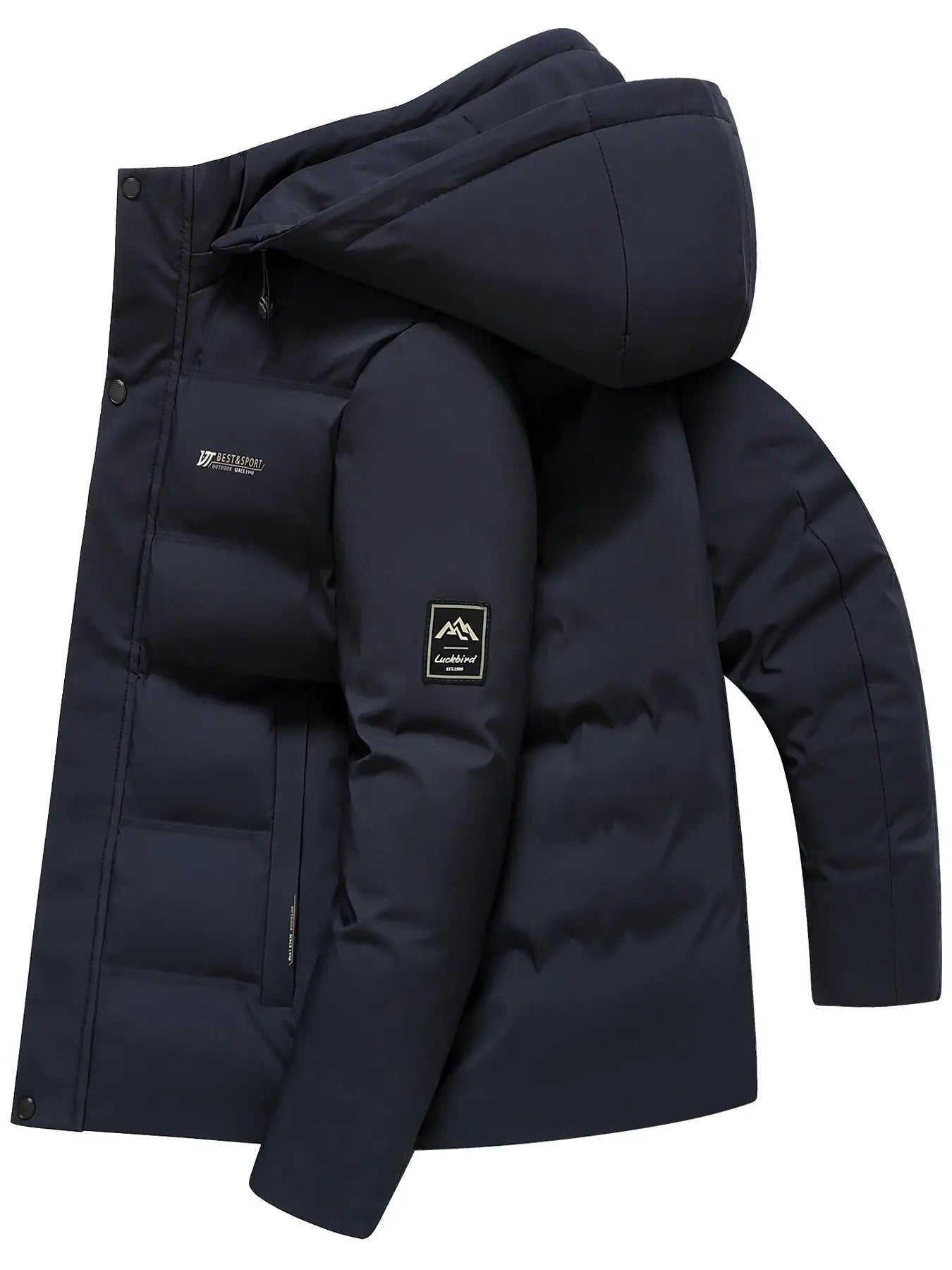 Men's navy hooded puffer jacket with sleeve logo patch for outdoor warmth