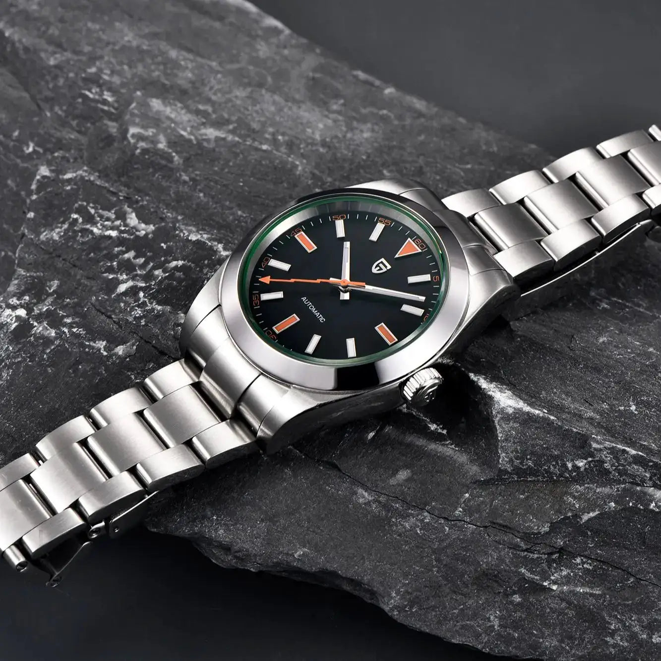 PAGANI DESIGN men's automatic wristwatch with stainless steel bracelet, black dial, green bezel, sapphire crystal