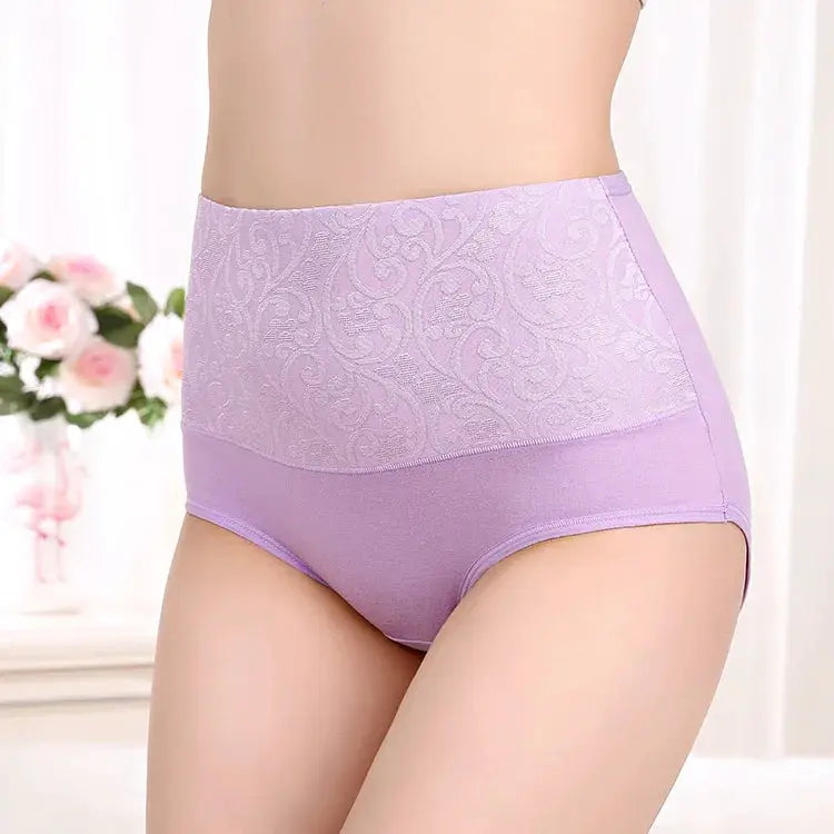 Plus-size high-waist cotton panties in lavender with a lace top panel