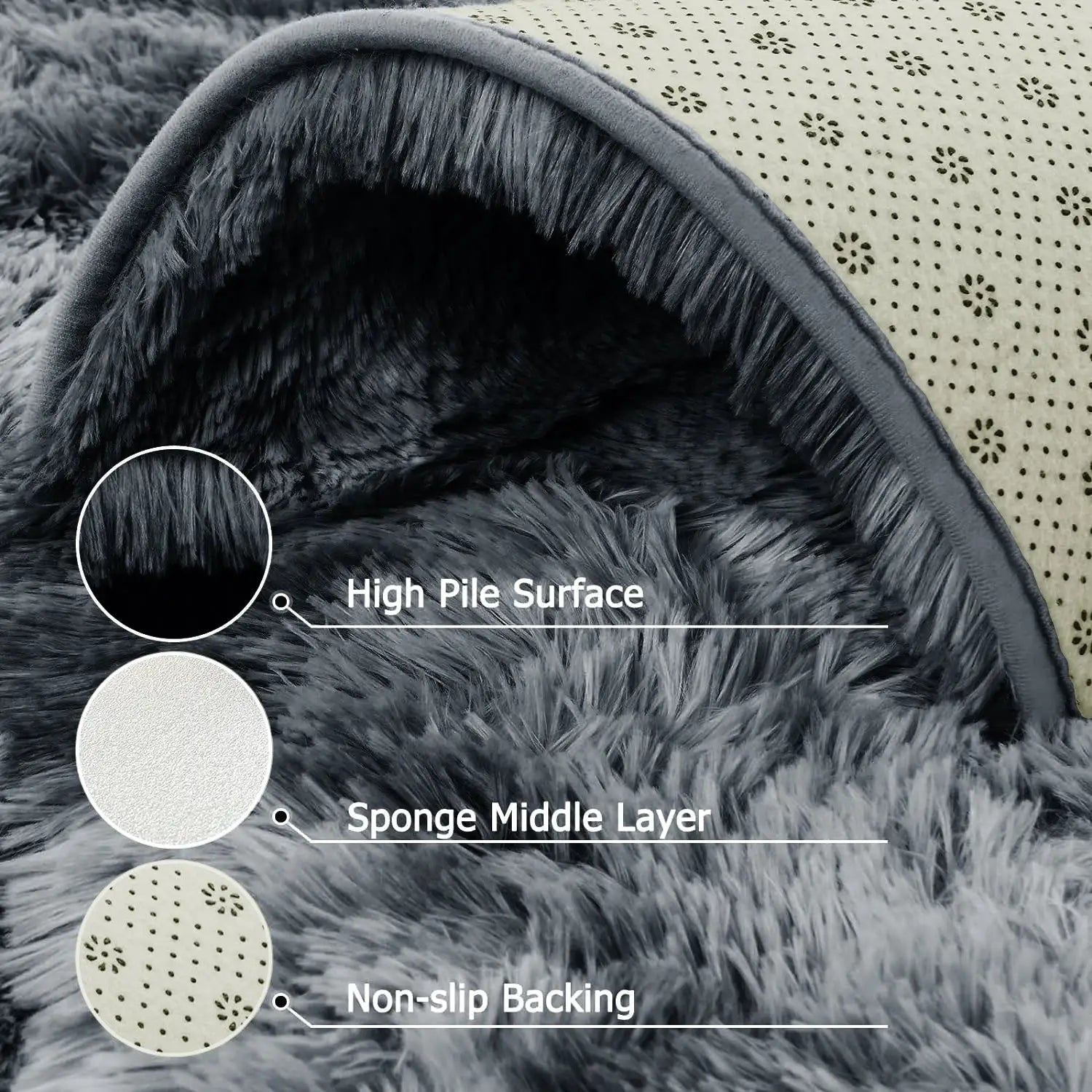 Tie-dyed dark-gray shag rug, high-pile plush with non-slip backing and washable construction