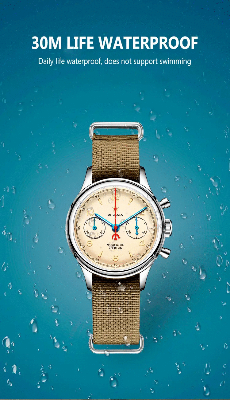 Red Star 38mm men's chronograph watch with beige dial, stainless steel case, tan fabric strap by Simples Market.