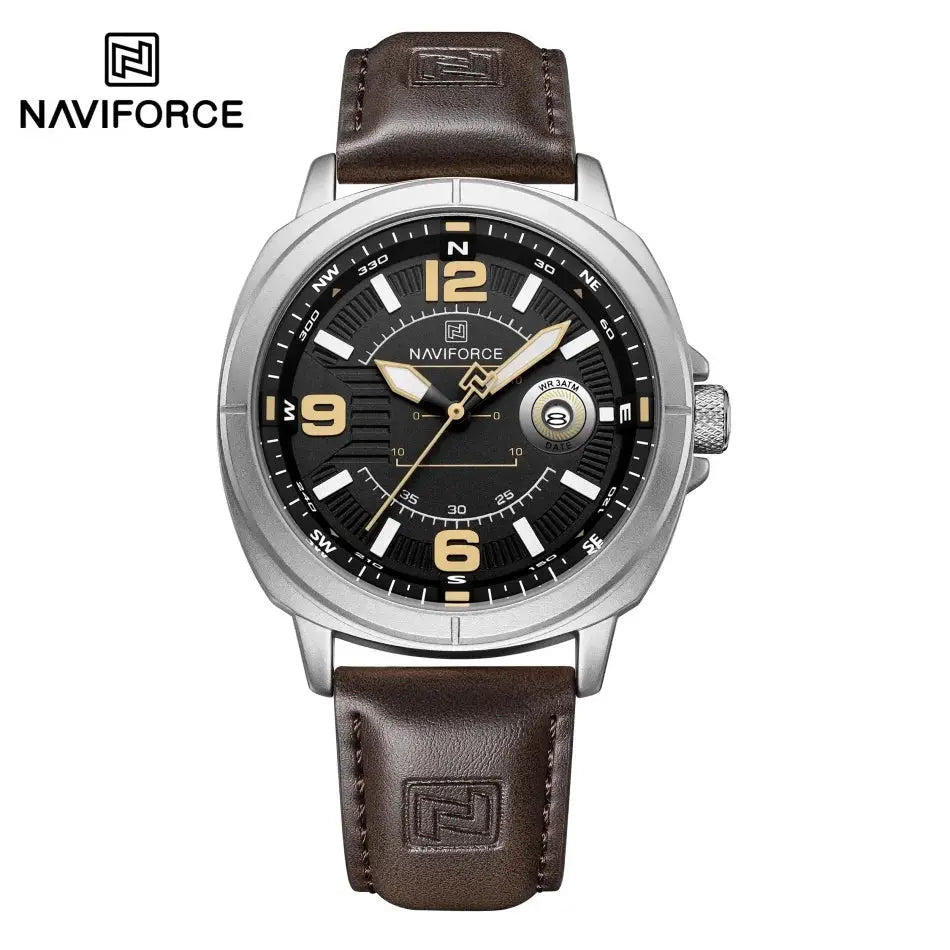 NAVIFORCE men's quartz watch with brown PU strap, black dial, gold-tone hands, calendar date, waterproof