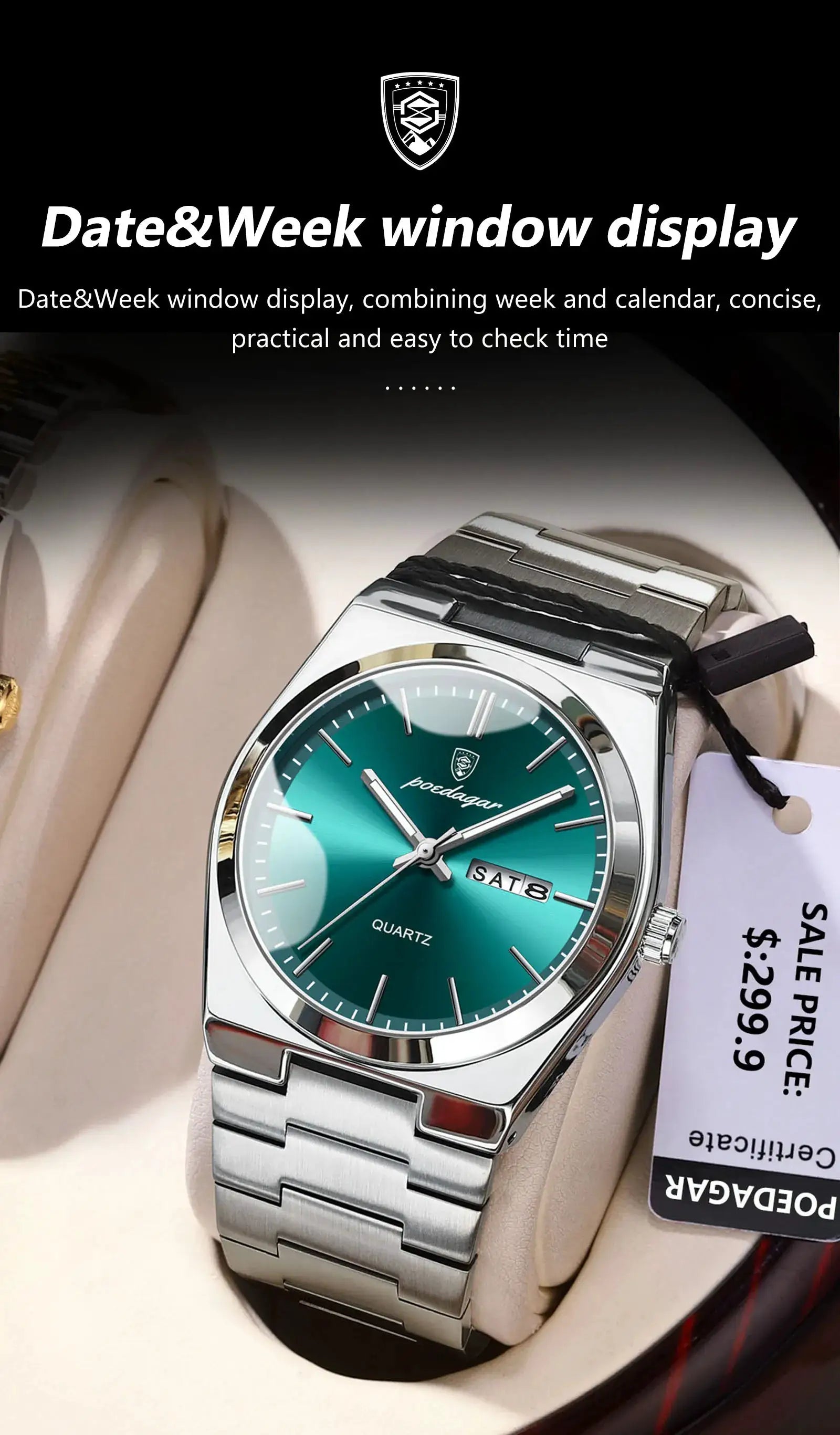 POEDAGAR men's stainless steel quartz watch with teal dial, date and day window.