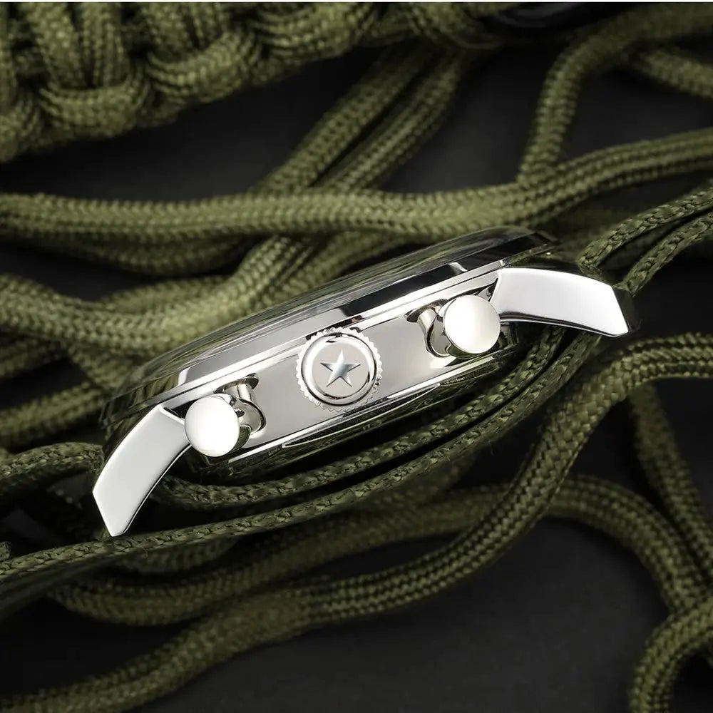 Red Star 38mm men's chronograph watch with stainless steel case, crown with star emblem, and green paracord strap