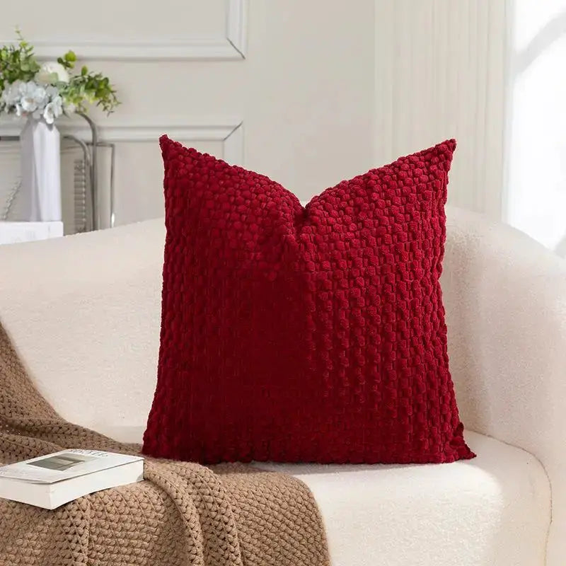 Soft velvet double-sided cushion cover by Simples Market in red on beige sofa