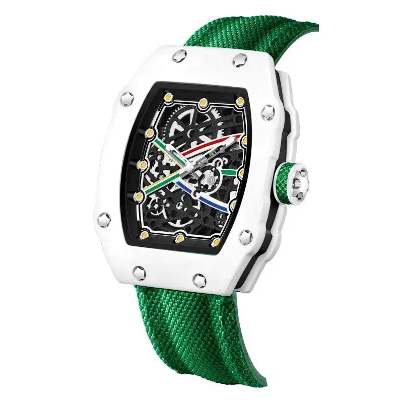 Tonneau skeleton quartz watch with white case, exposed gears, green nylon strap.