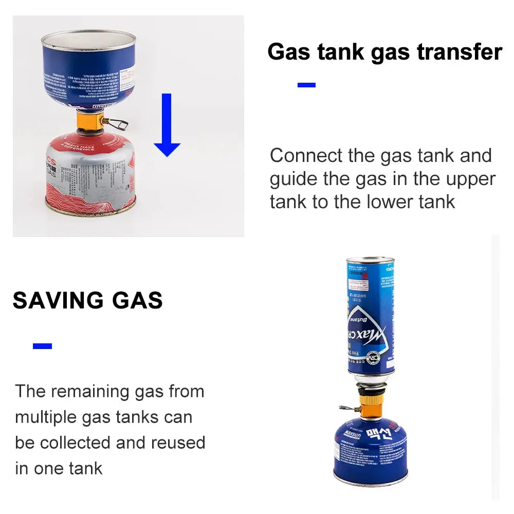 Widesea camping stove propane refill adapter with two blue LPG gas tanks and orange connector