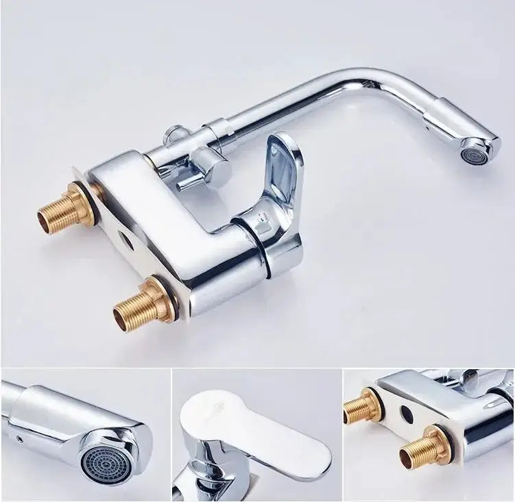 Chrome deck-mounted bathroom faucet with single lever, dual brass inlets and curved spout