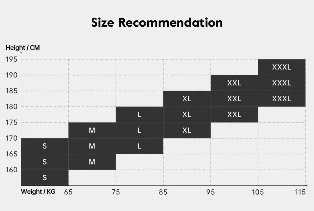 RION men's cycling shorts size chart by Simples Market showing S-XXXL across height and weight grid