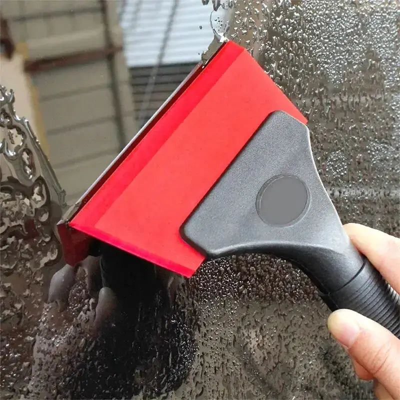 Automotive window film scraper with red blade and black handle for glass cleaning