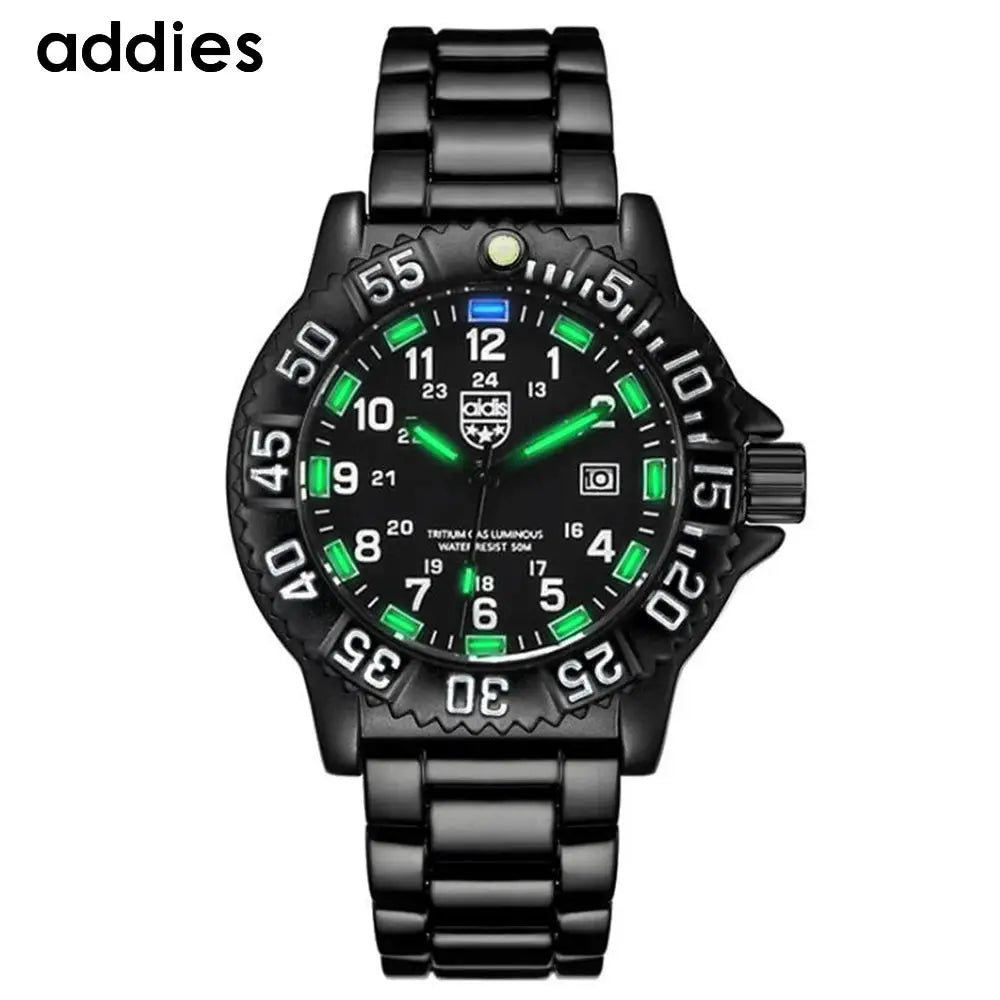 Addies military wristwatch for men with black stainless steel band, luminous green hands, date window, water resistant.