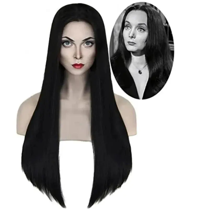 Simples Market Addams Family cosplay wig, black long straight heat-resistant synthetic hair for Morticia look.