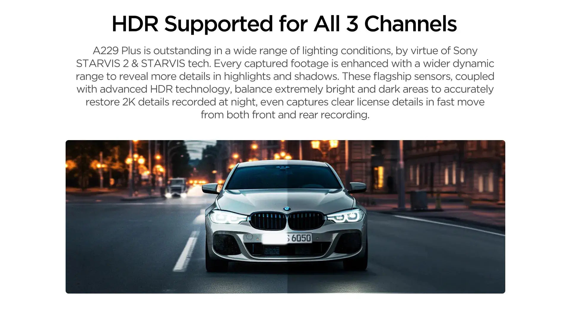 VIOFO A229 Plus dash camera; silver BMW front view on a city street at dusk.