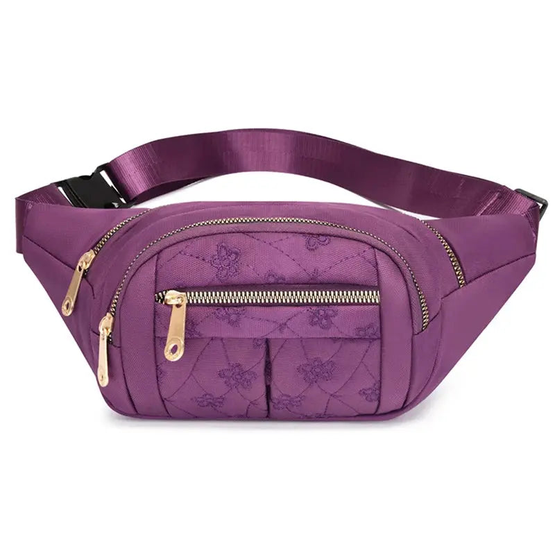Waist bag in purple Oxford fabric with gold zippers and adjustable strap