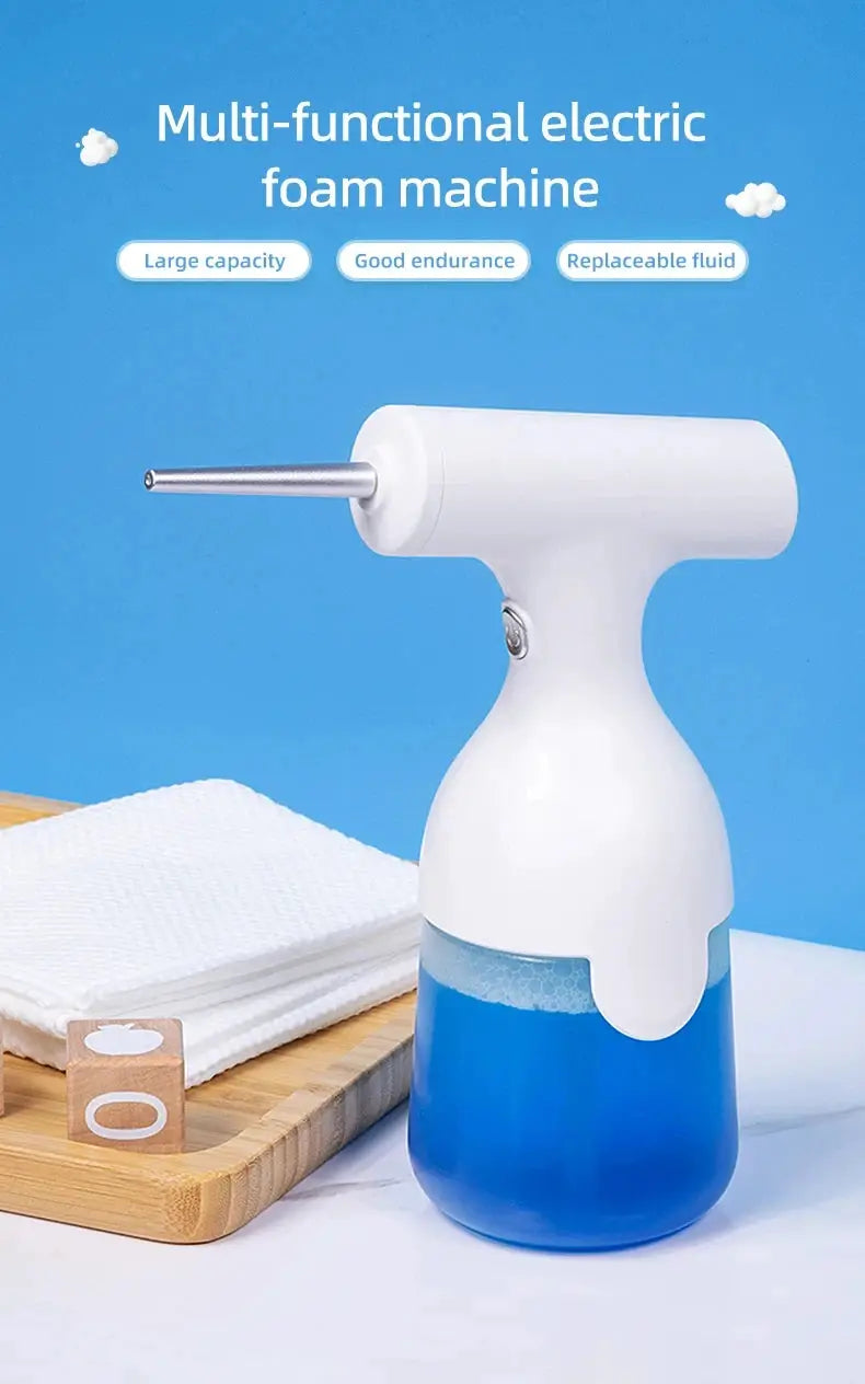 Electric foam dispenser gun, white handheld sprayer with blue liquid reservoir