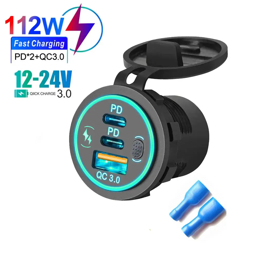 Velev 78W PD3.0 QC3.0 Dual USB C Ports Car Charger Socket Waterproof With LED Touch Switch 12V/24V For Moto