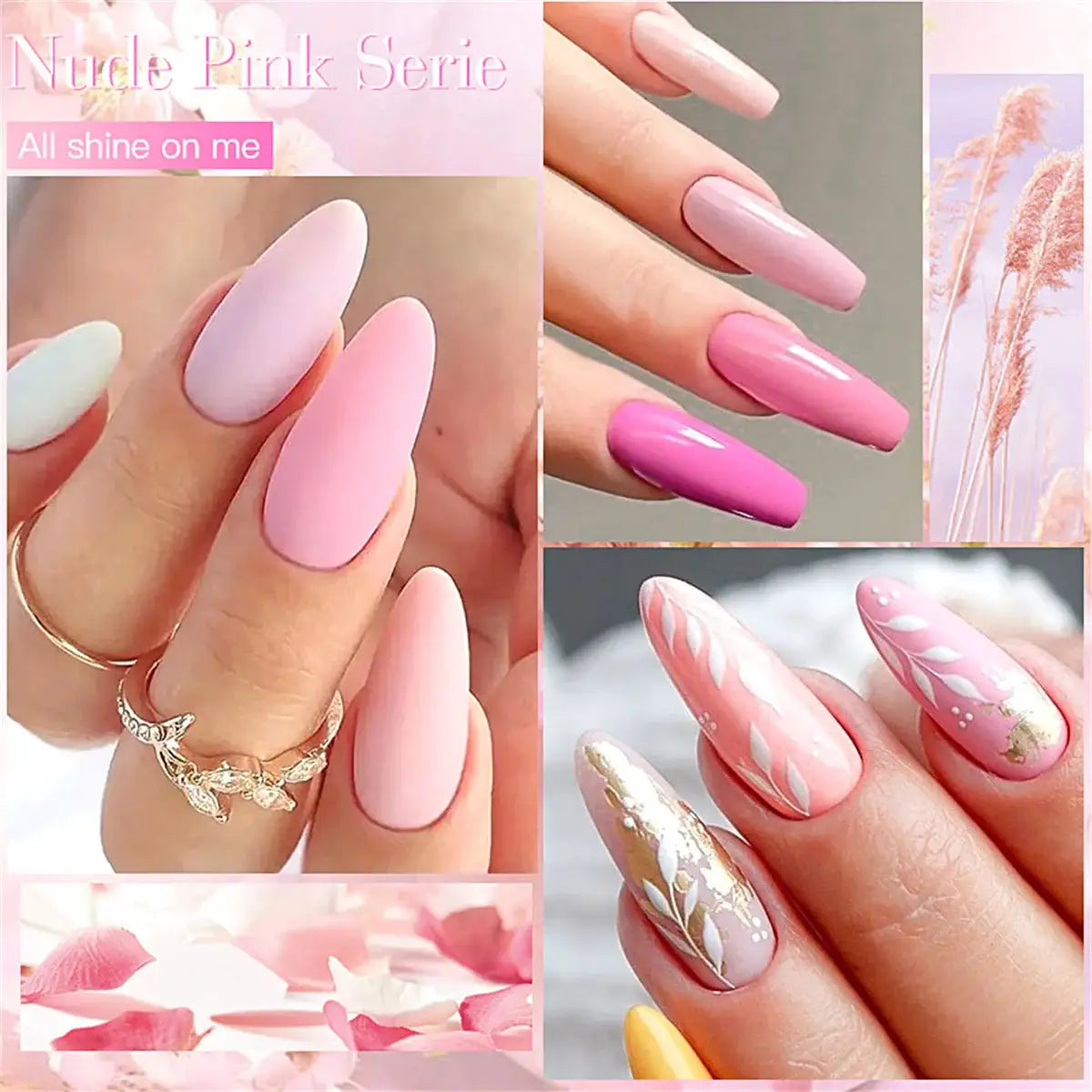 MTSSII 12pc nude pink gel nail polish kit by Simples Market, with pastel pink shades and glitter accents.