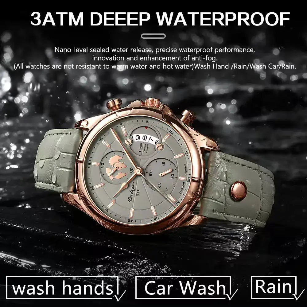 POEDAGAR men's sports casual watch with rose-gold case, gray dial, and gray leather strap.
