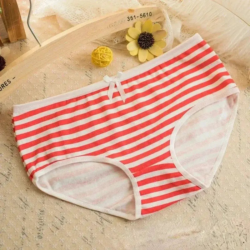 Red and white striped panties for women with white trim and a small bow.