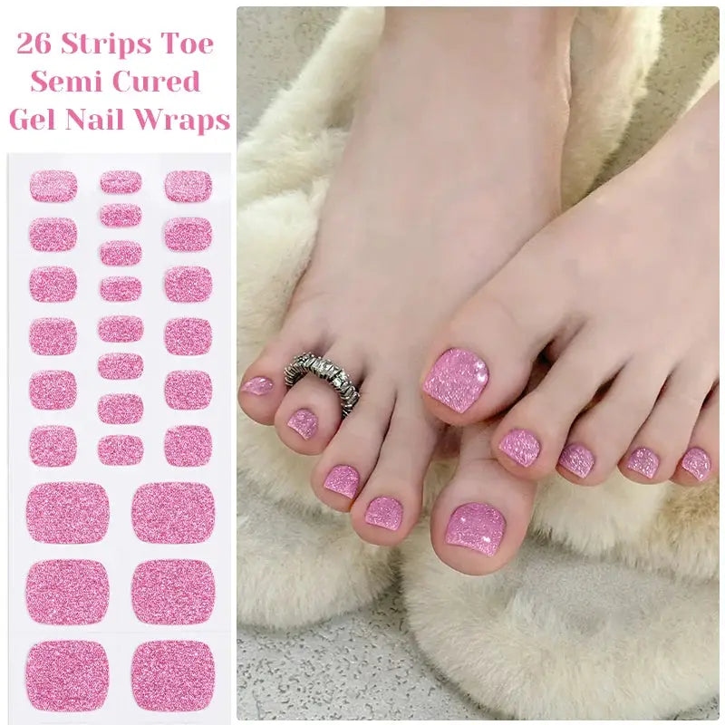 Simples Market semi-cured gel nail strips, pink glitter gradient for toes (26 strips)