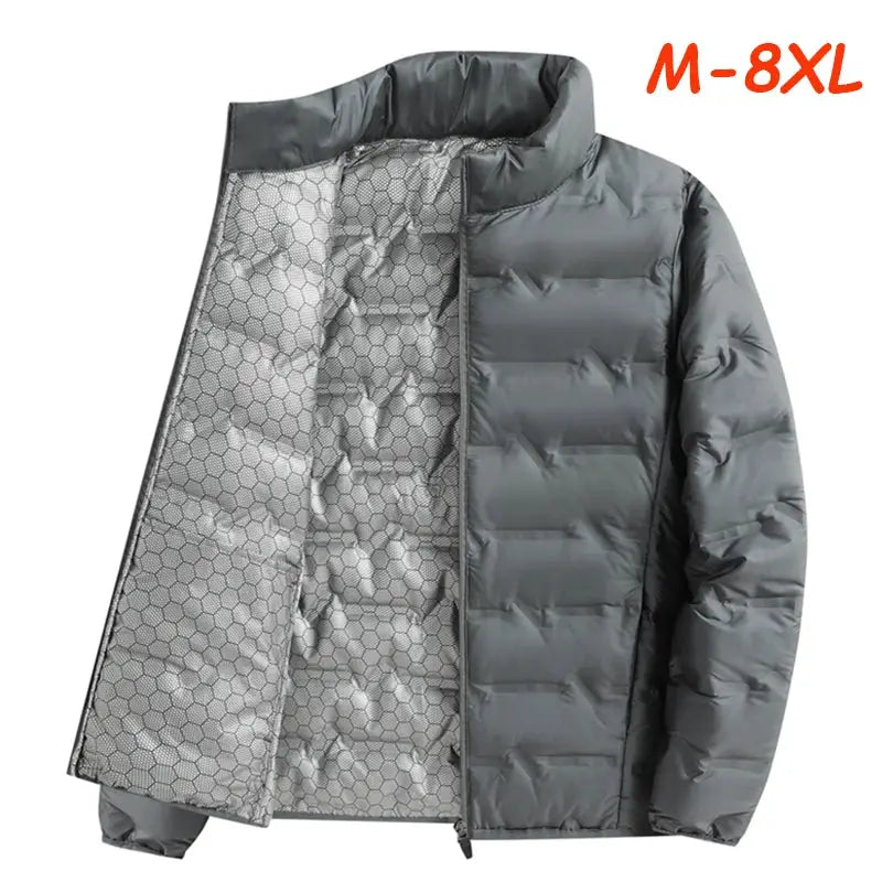Men's gray duck-down puffer jacket by Simples Market, stand collar, waterproof, 8XL