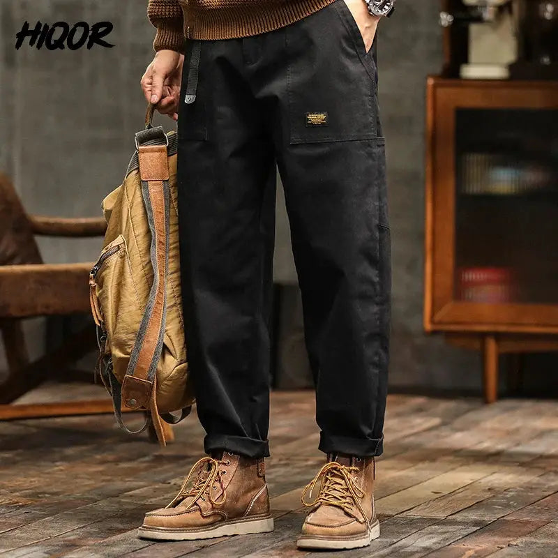 HIQOR men's black cotton cargo pants with cargo pockets, mid waist, jogger-style fit
