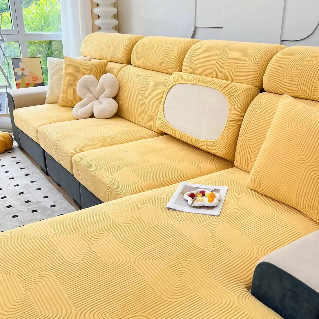Yellow jacquard sofa seat cushion cover, thick stretch fabric, removable and washable furniture protector