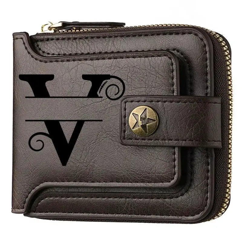 Personalized PU leather short wallet in brown with LV-style logo.