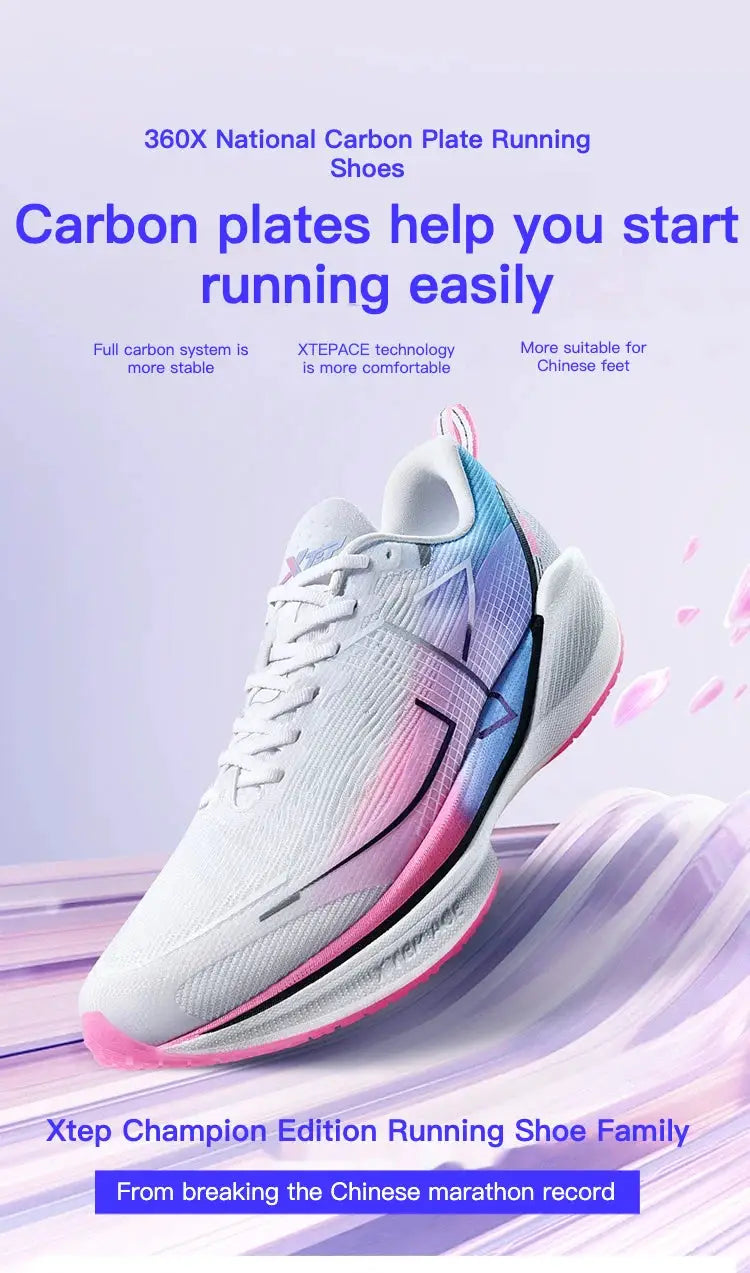 Xtep 360X men's running shoe with carbon plate, lightweight ETPU, white with pink and blue accents
