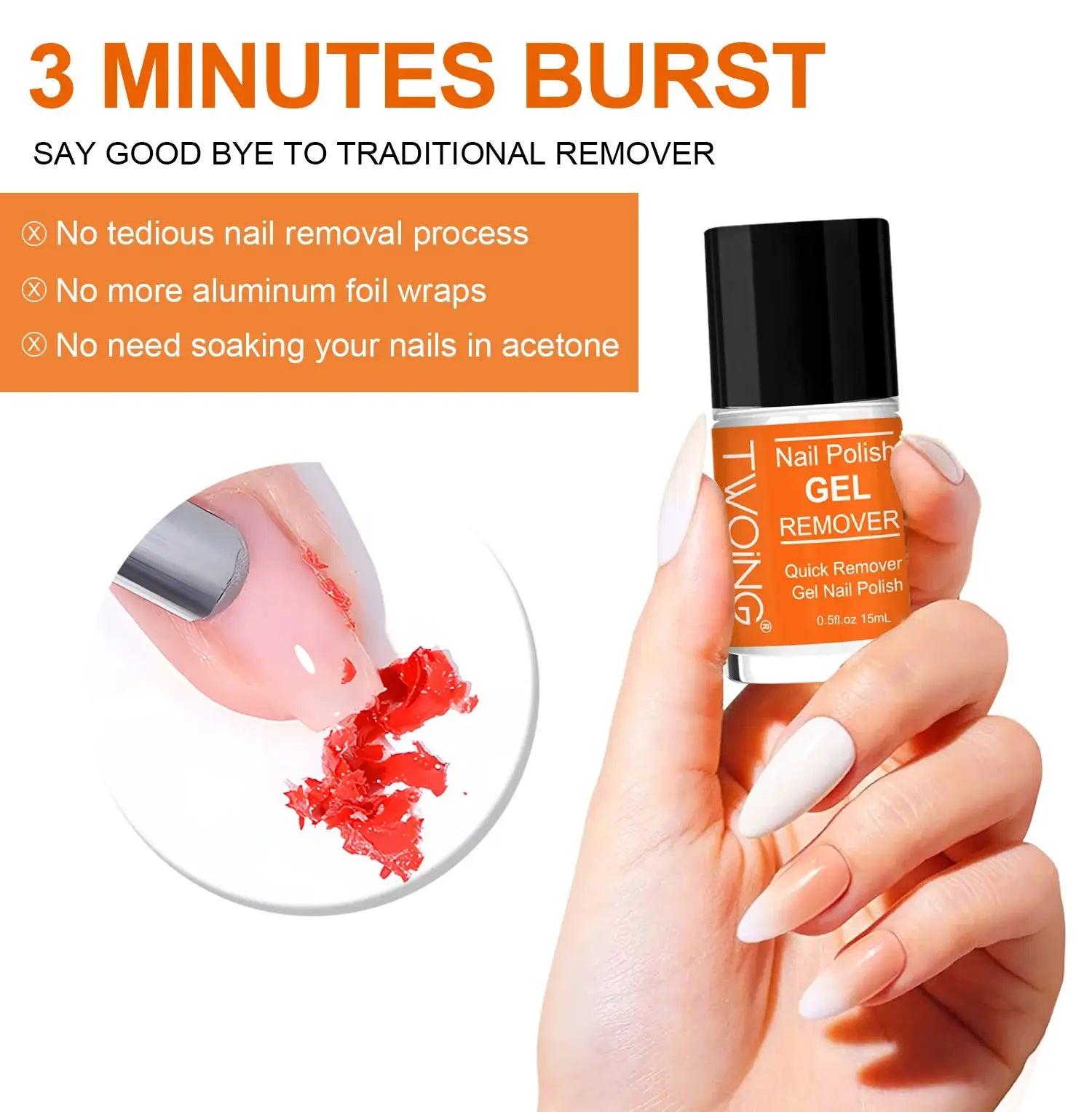 TWOING Nail Gel Polish Remover by Simples Market, 15ml orange bottle, quick 3-minute polish removal