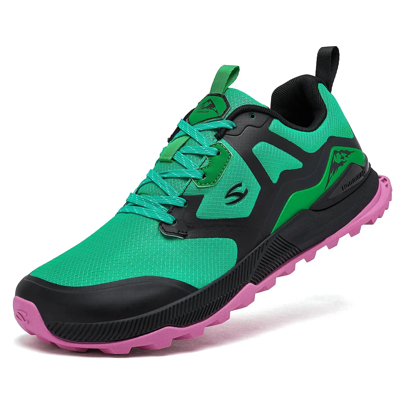 HOBIBEAR unisex hiking shoe, green with pink outsole, artificial leather, non-slip lace-up sneakers