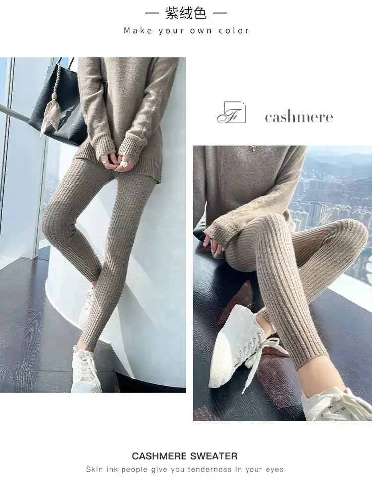 Simples Market ribbed knit leggings in taupe, high-waist ankle-length thermal pants for women