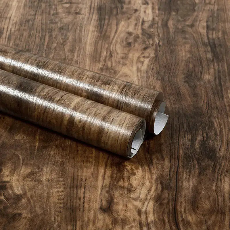 Vinyl self-adhesive wood wallpaper rolls with brown wood grain, waterproof for walls and furniture, 3 rolls