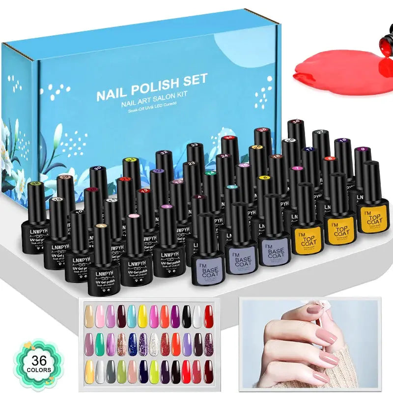 42-piece Simples Market gel nail polish kit with 36-color swatch tray and base/top coats