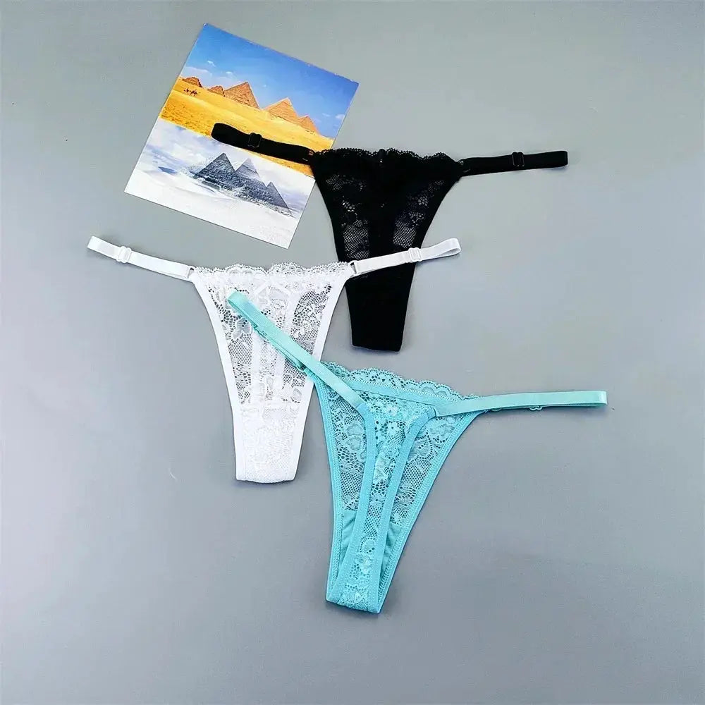 3pcs lace thong panty set in black, white, and turquoise; low-rise, T-back, adjustable straps.