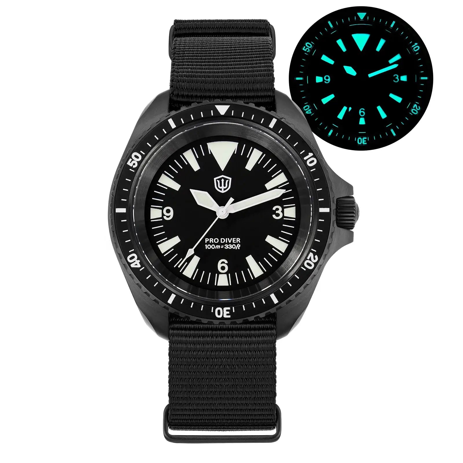 Watchdives WD1980 V3 black dive watch with luminescent dial, bezel, and black fabric strap; 100m water resistant