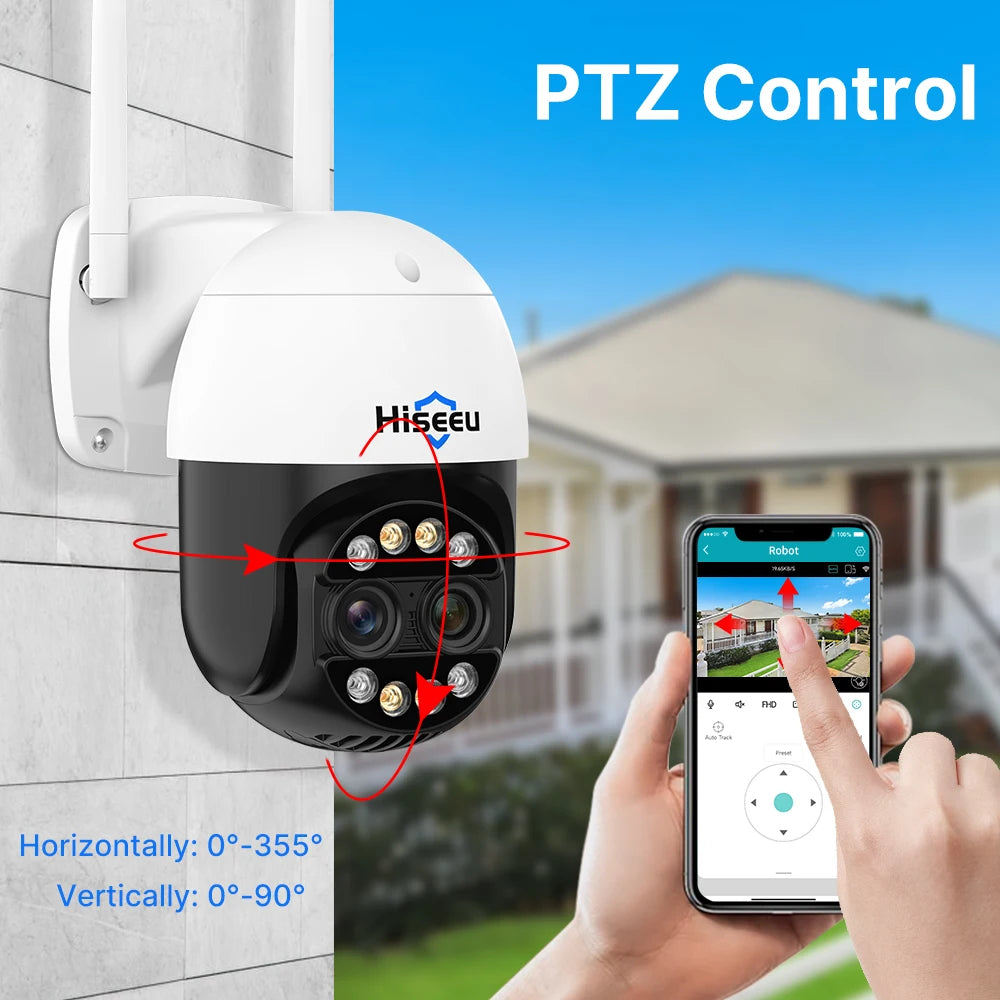 Hiseeu 4K dual-lens PTZ outdoor security camera with white housing, black front, 8X zoom, wall-mounted, app control.