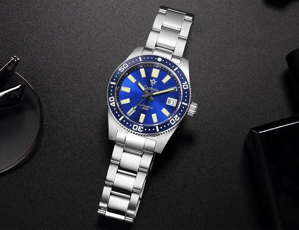 CADISEN diver watch for men, 38mm, blue dial, stainless steel bracelet, luminous markers and date window