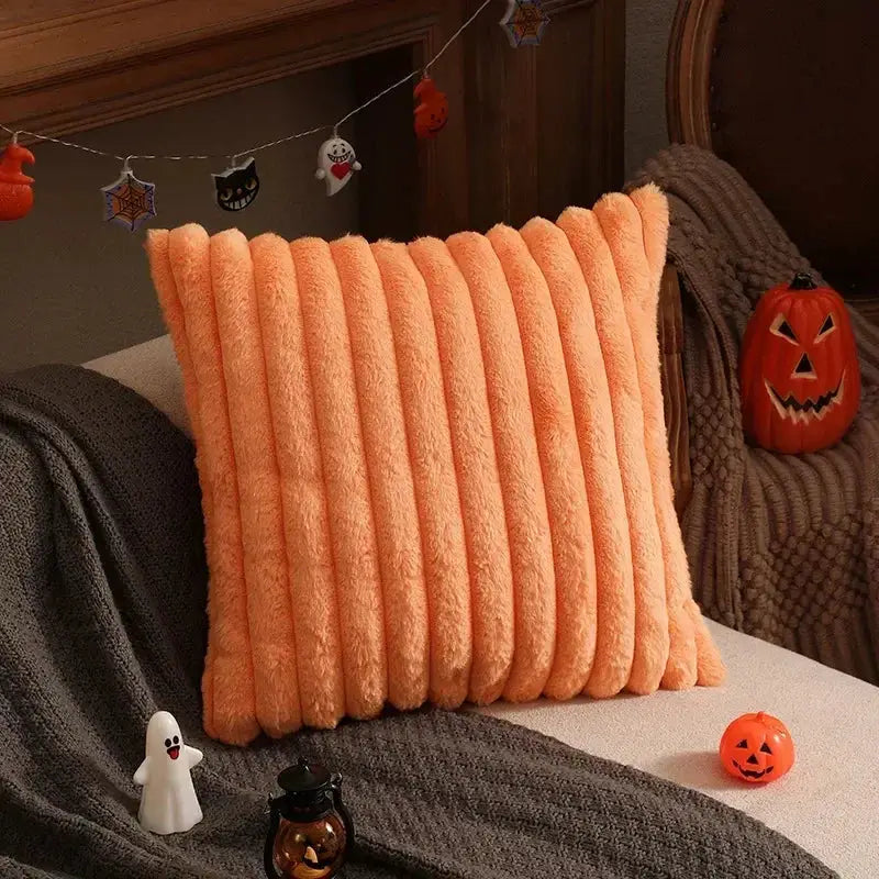 Simples Market faux rabbit fur cushion cover in orange plush ribbed texture for sofa