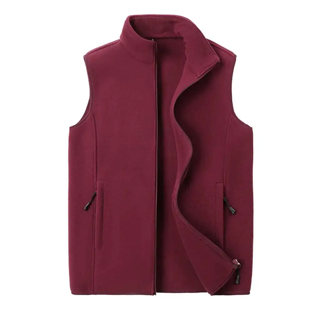 Men's maroon fleece vest with stand collar and zip pockets