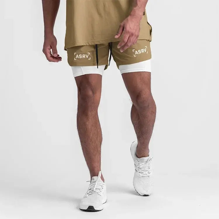 ASRV men's 2-in-1 double-deck shorts; tan outer with white inner compression shorts, ASRV logo.