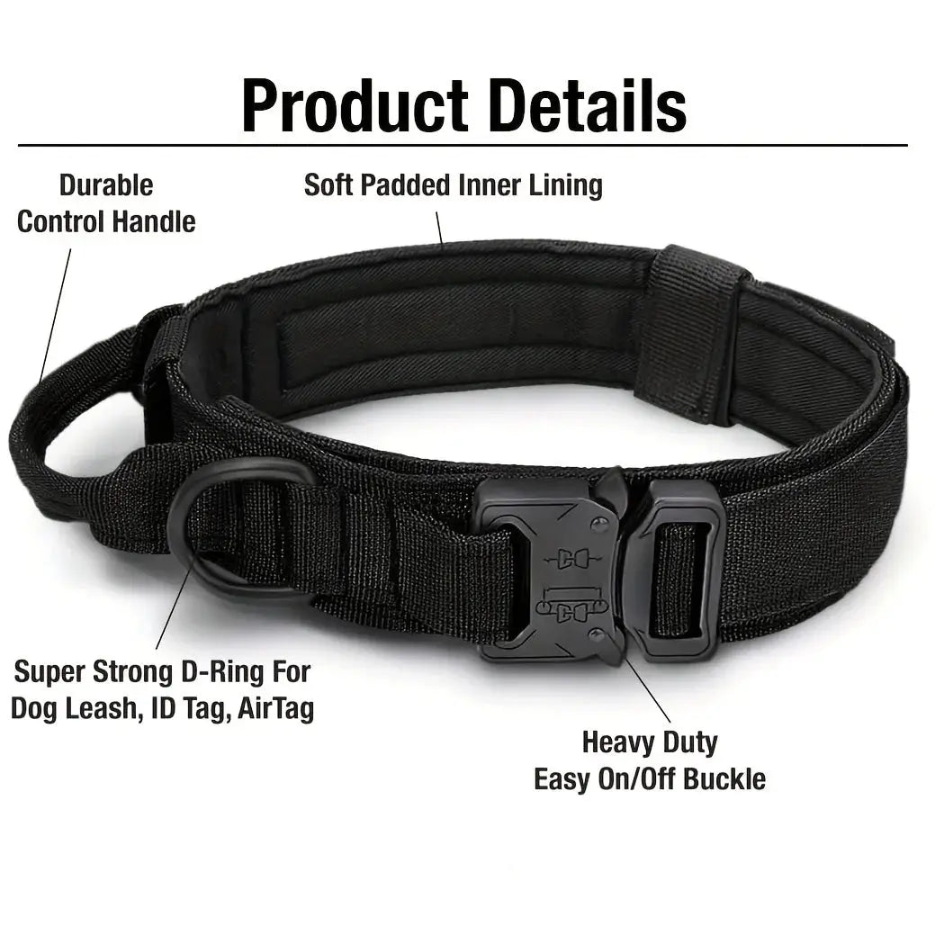 Simples Market tactical dog collar, black nylon with control handle and heavy-duty buckle, adjustable.