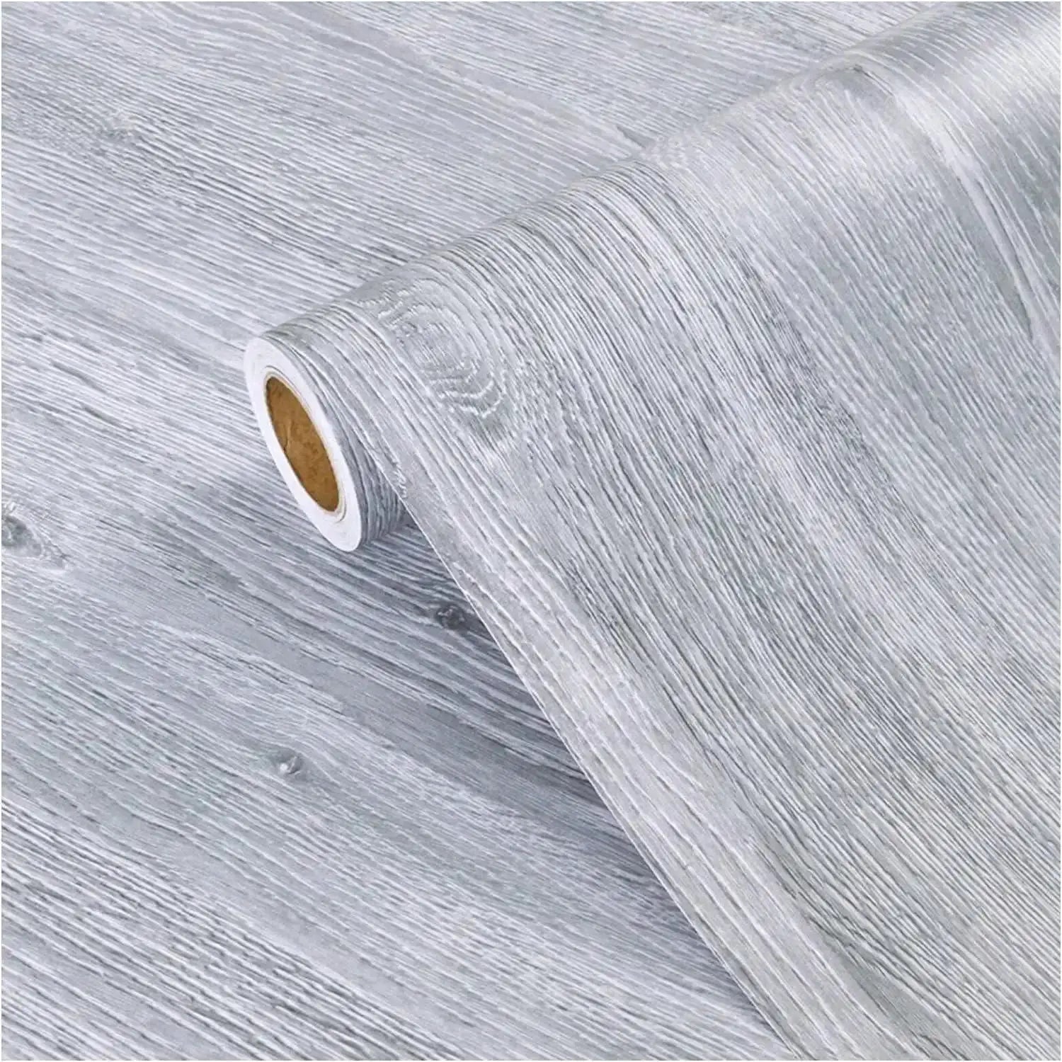 Self-adhesive wood grain vinyl wallpaper roll in light gray, 55 cm wide, waterproof.
