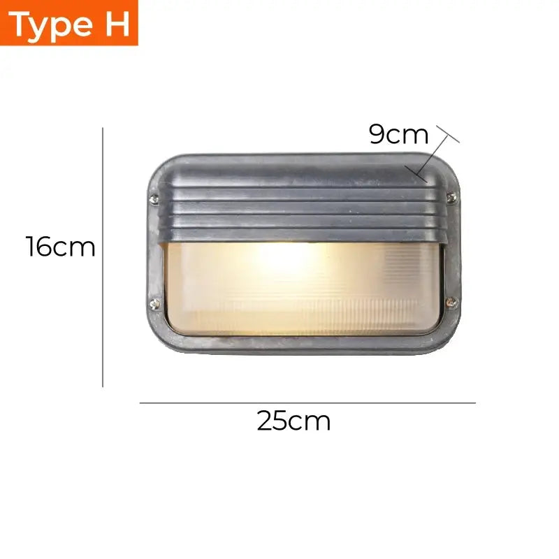 Outdoor retro LED wall light with grey metal housing and glass front, IP65 waterproof, 25x16x9 cm
