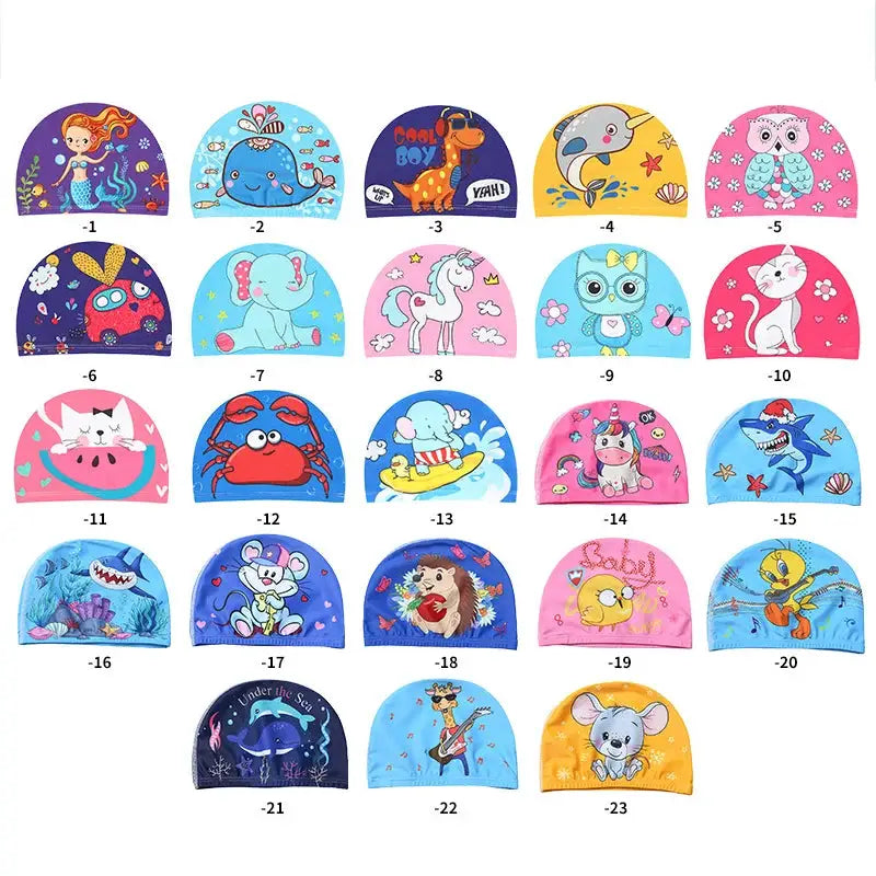 Kids Cartoon Swim Cap Elastic Fabric Pool Water Sports Ears Protection Hat Bathing Cap Boys Girls