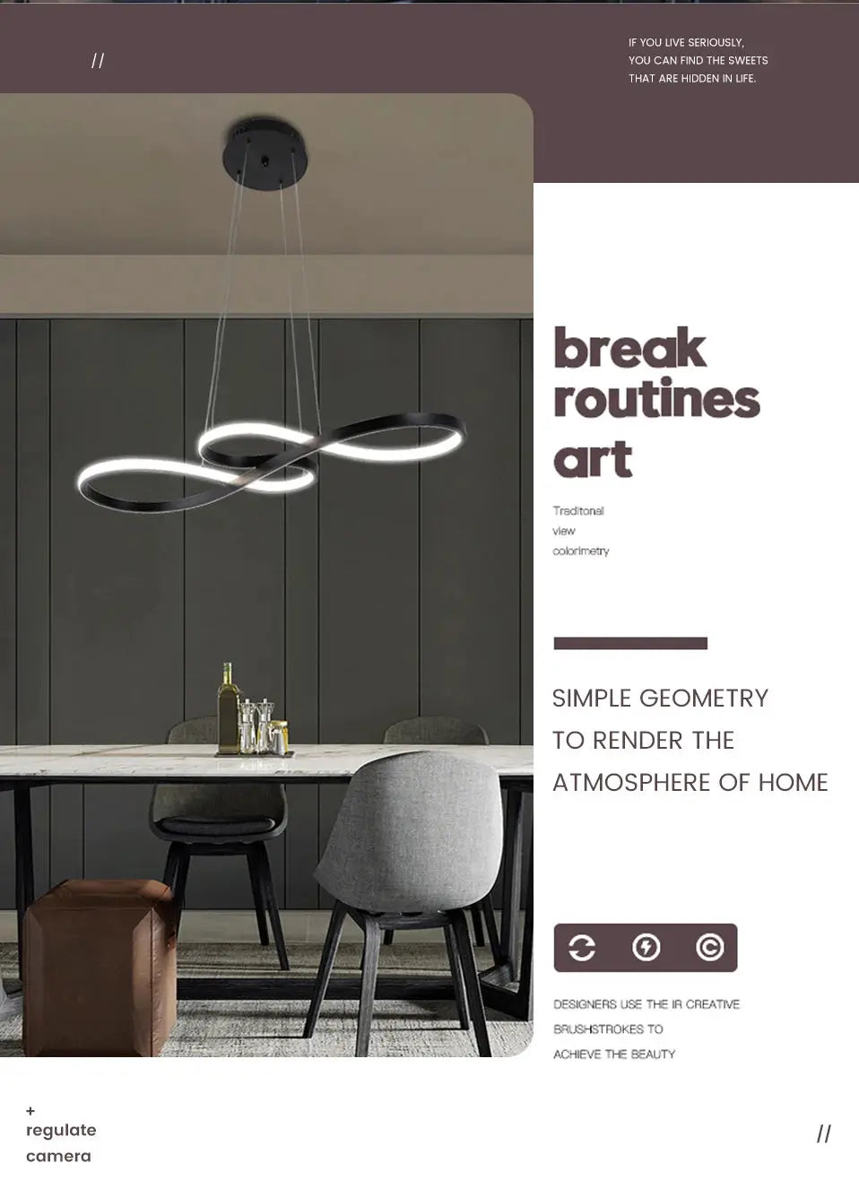Modern kitchen island pendant lights by Simples Market, infinity-loop LED design, black metal, remote dimming.