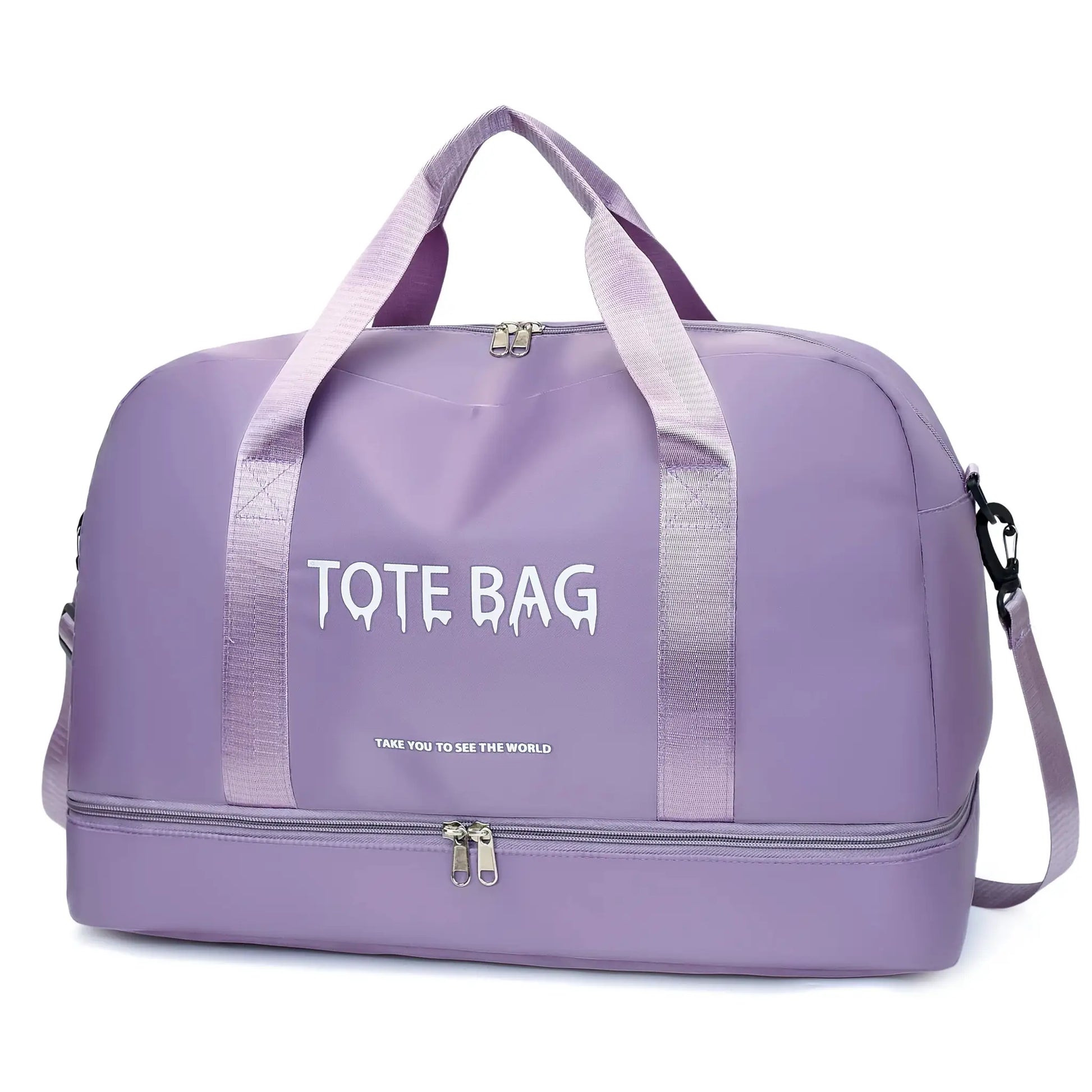 Purple nylon multifunctional large-capacity travel duffle bag with adjustable shoulder strap.