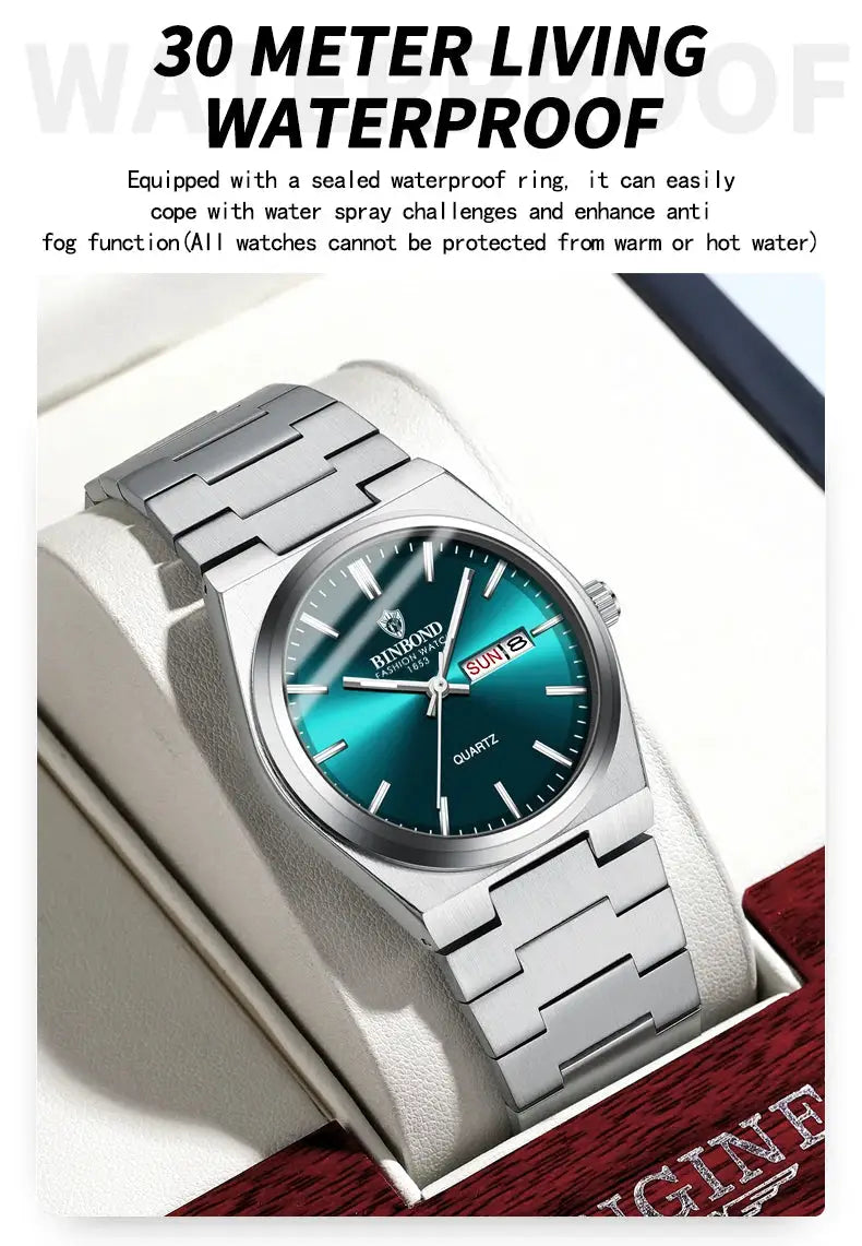 BINBOND men's stainless steel quartz watch with teal dial and day-date display