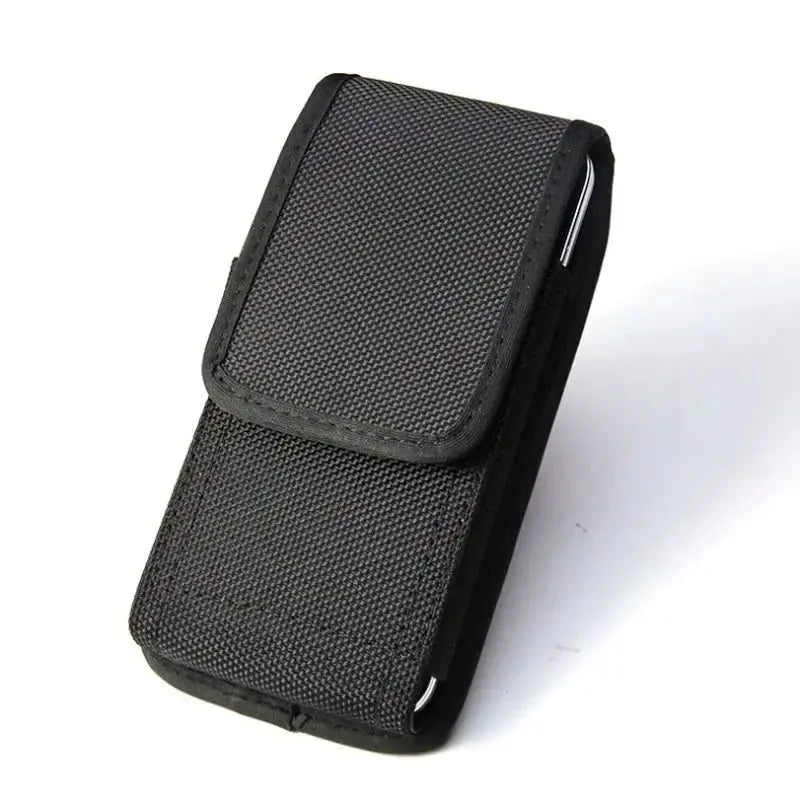 Unisex black oxford nylon vertical cellphone waist pouch with belt clip